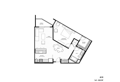 Floor plan for 1 bed, 1 bath, 932 sqft